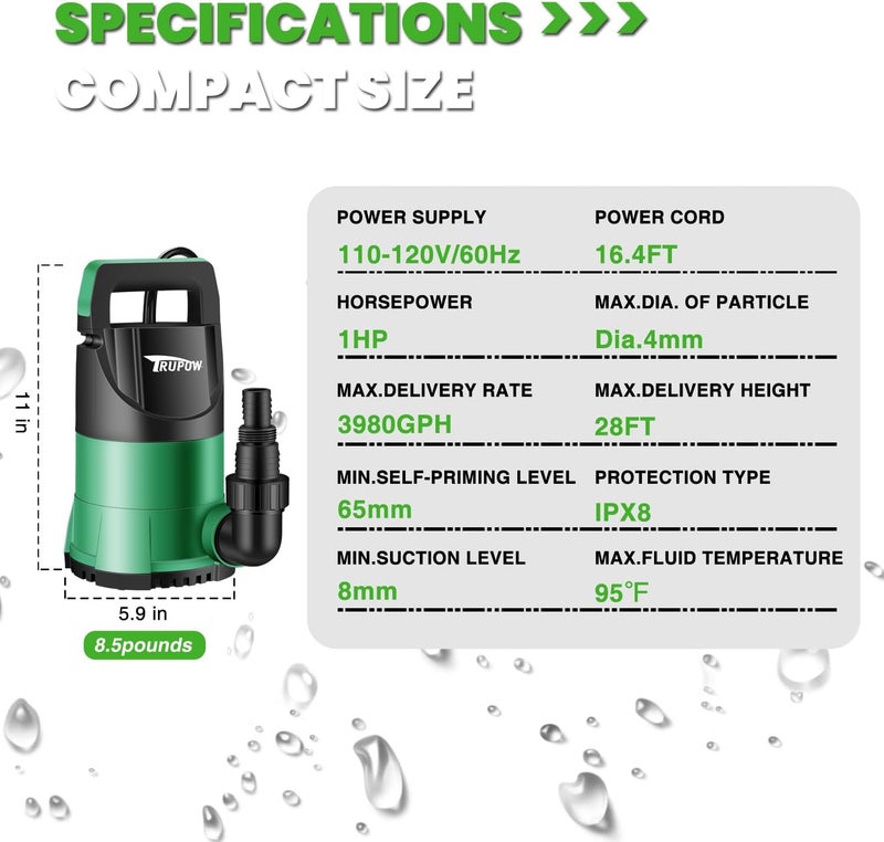 TRUPOW 1 HP Sump Pump Submersible Water Pump 3981 GPH Portable Thermoplastic Electric Utility Pump for Swimming Pool Garden Basement Tub Pond Draining Remove Water Level Down to 0.3" - Image 5